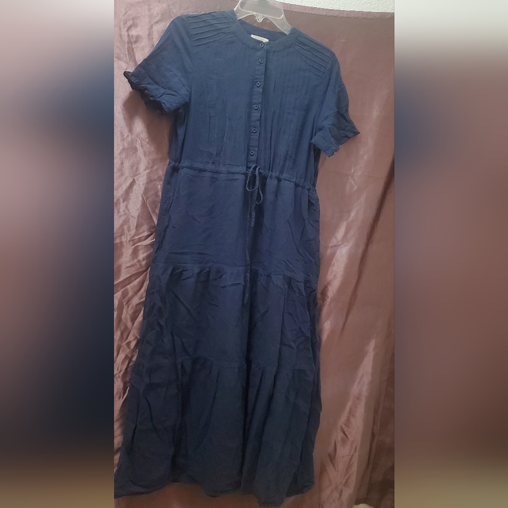 Bohemian Navy Button-Down Maxi Dress,It has pockets on the sides